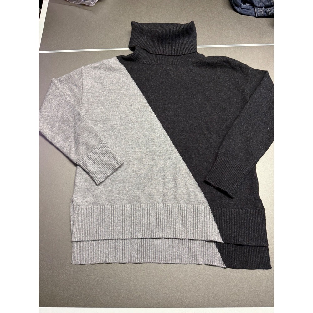 Ellen Tracy Womens Colorblock Turtleneck Sweater Black Grey Knit Pullover Size M